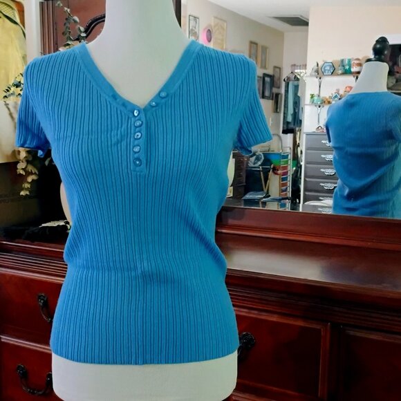Blue Short Sleeve Knitted Button Down V-Neck Top - Picture 1 of 5